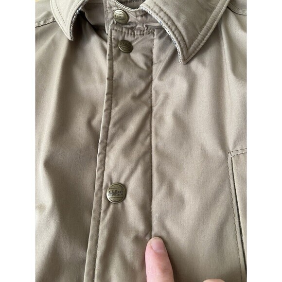 L.L.Bean Coat Mens Large Tan Nylon Parka Wool Lined Snap Front Herringbone Liner - Picture 13 of 16